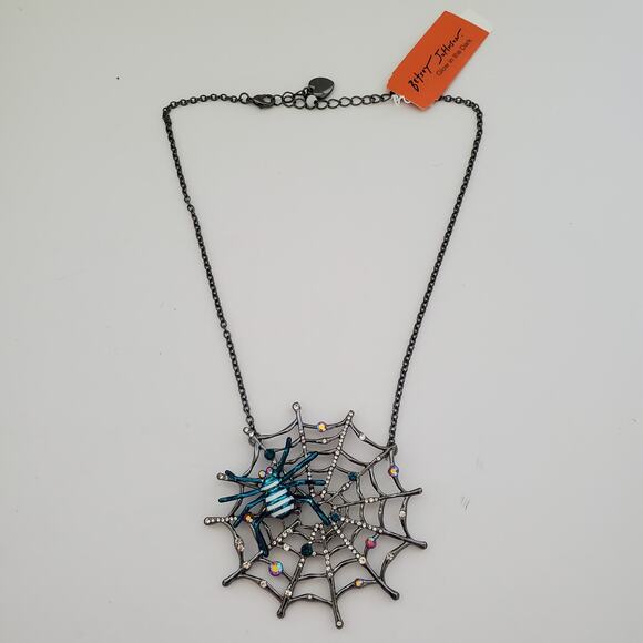 New Halloween Betsy Johnson Statement Necklace Spider and Web Silver Blue - Picture 4 of 12